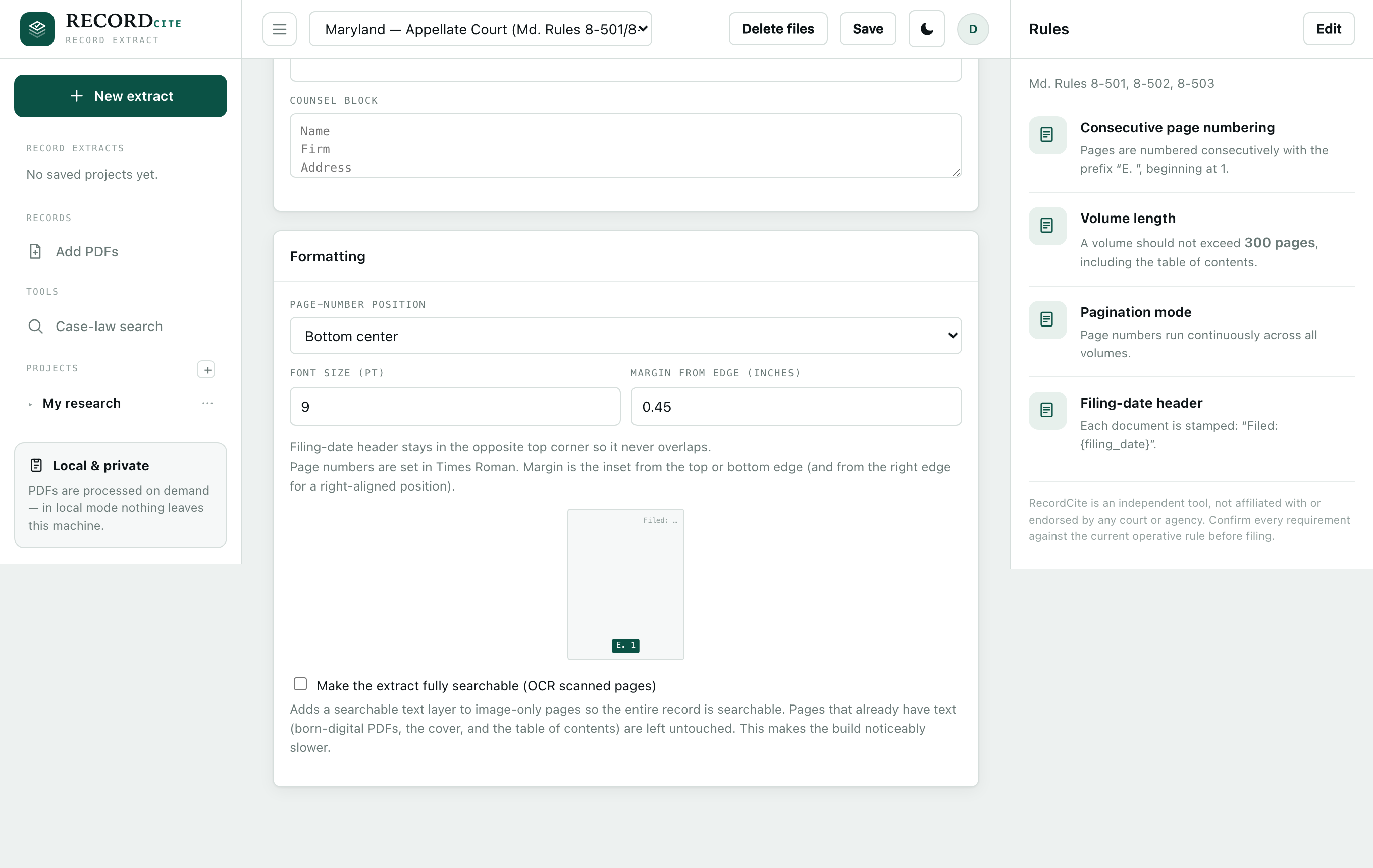 The Formatting panel with the 'Make the extract fully searchable' OCR toggle.