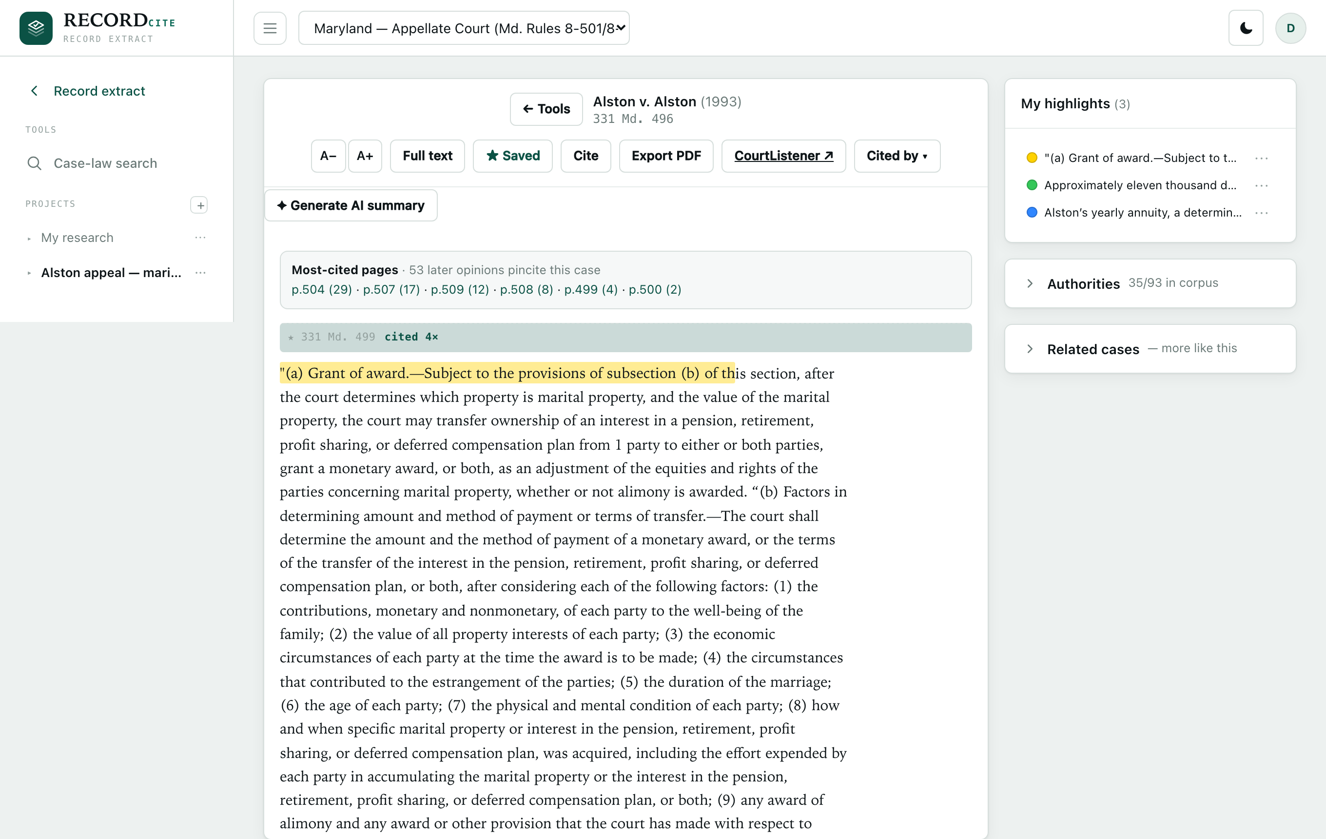 The opinion reader with colored highlights in the text and a My-highlights sidebar listing each saved passage.