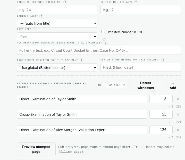 Per-document control — docket / exhibit numbers and OCR-detected witness examinations
