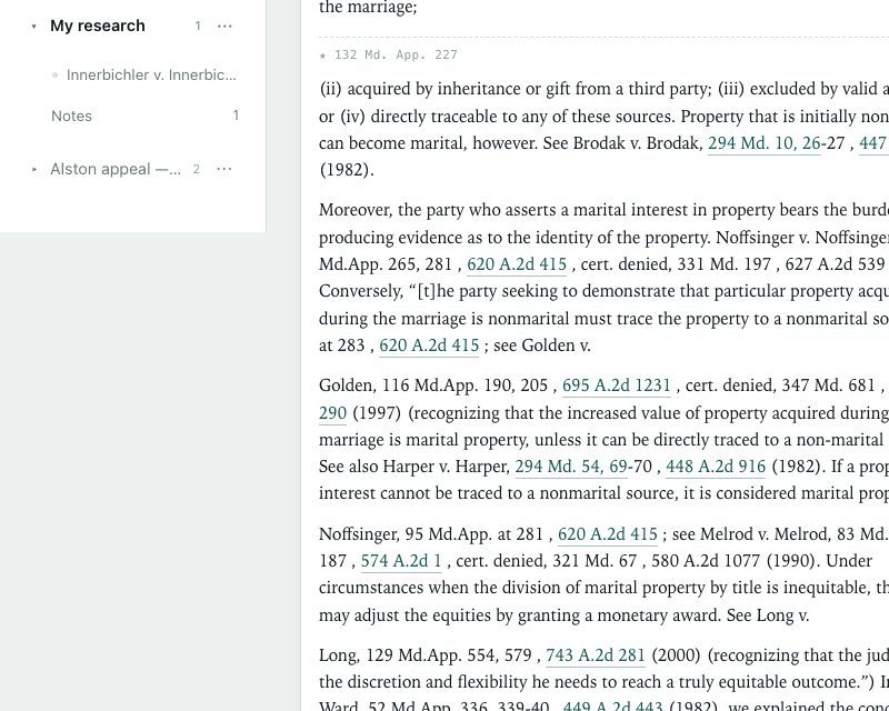 Hyperlinked pincites — every citation jumps to that case at the exact page