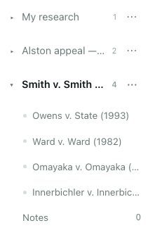 Projects in the sidebar — saved cases show up as children of the matter