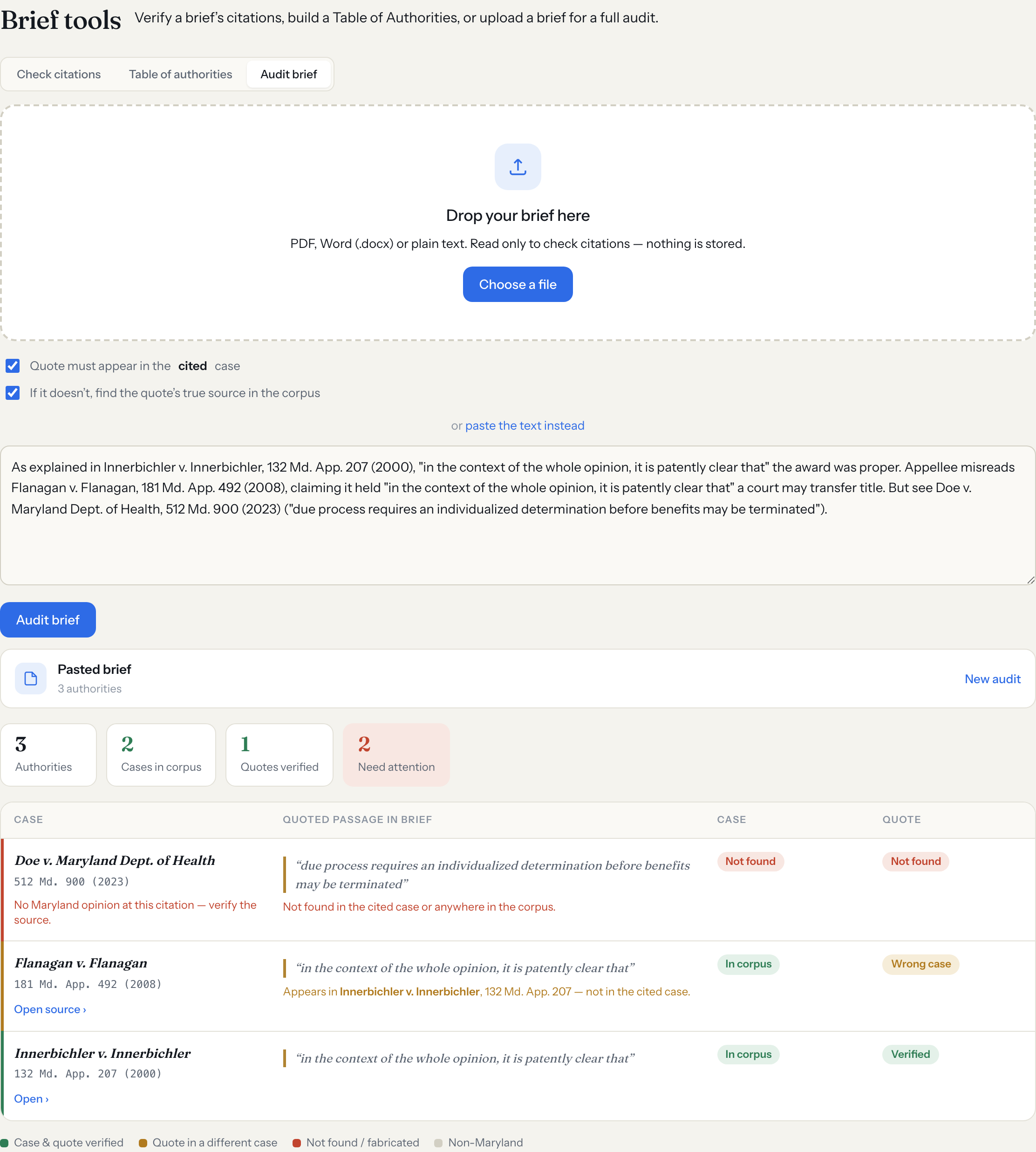 Audit brief — upload & validate every cite + quote
