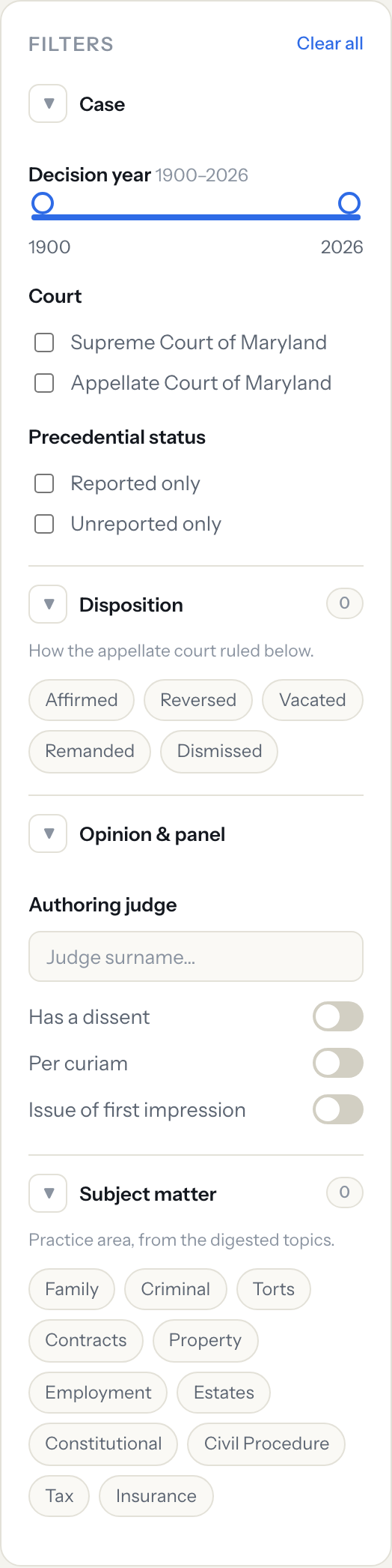 Court, year, judge & practice-area filters
